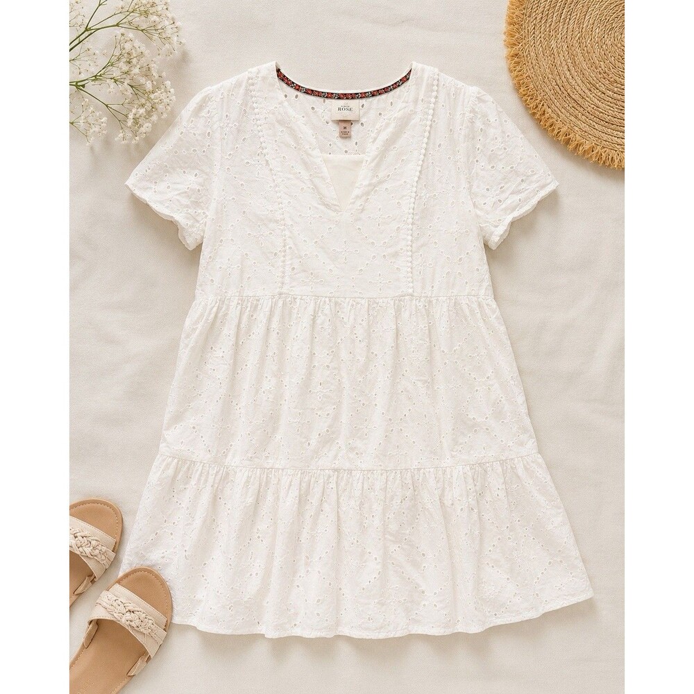 Knox Rose Women's M White Eyelet Tiered Mini Dress V Neck Boho Cotton Lined